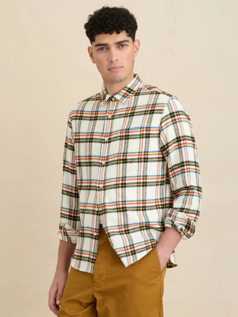 Alex Mill Men's 100% Cotton Flannel Shirt Plaid Ecru XL